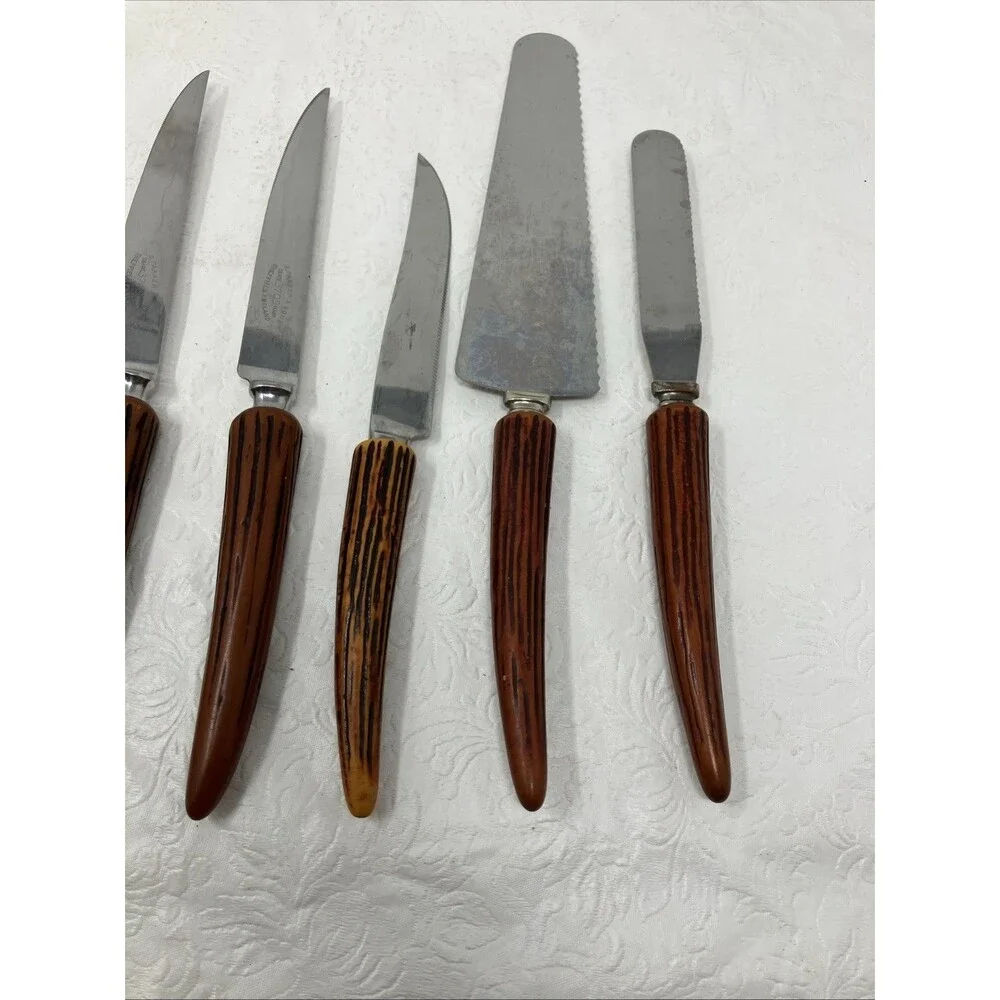 8 Stainless Steel Knives Faux Stag Horn Antler Handles England USA Steak & Cake